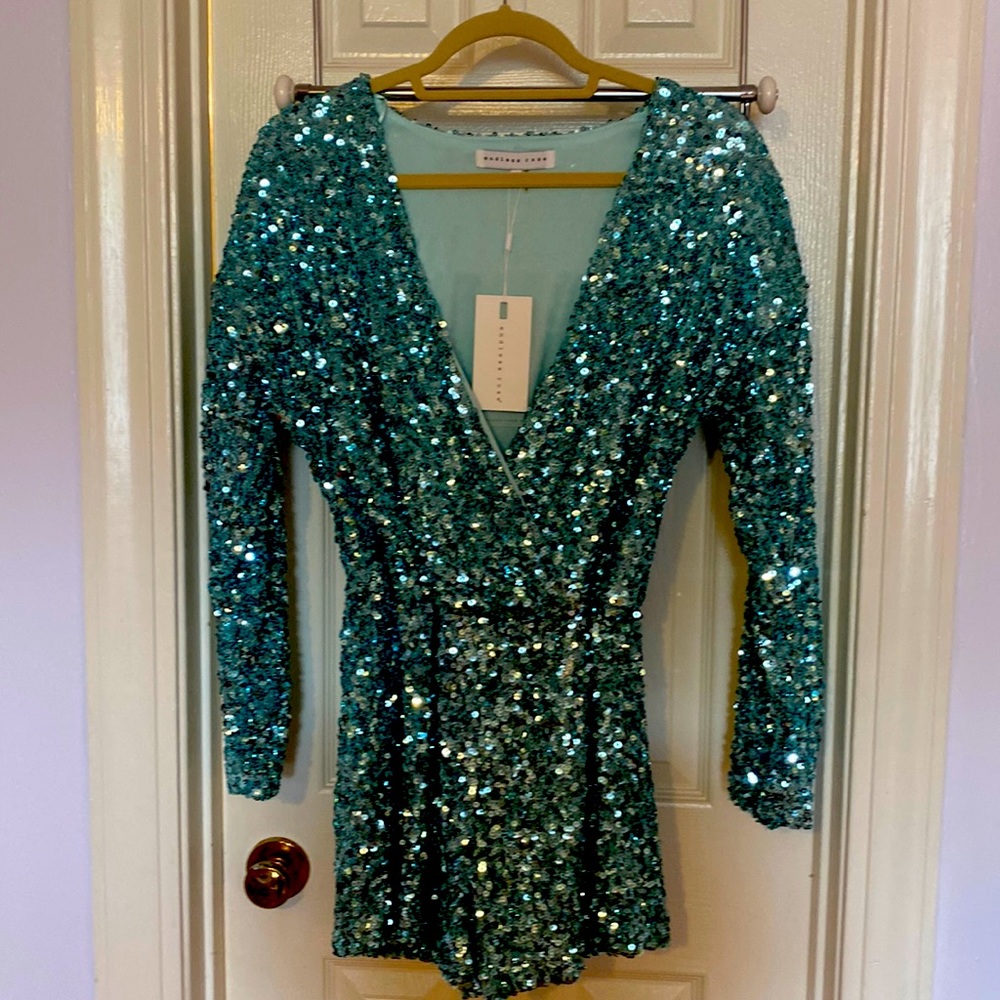 Aquamarine sequin long sleeve short romper